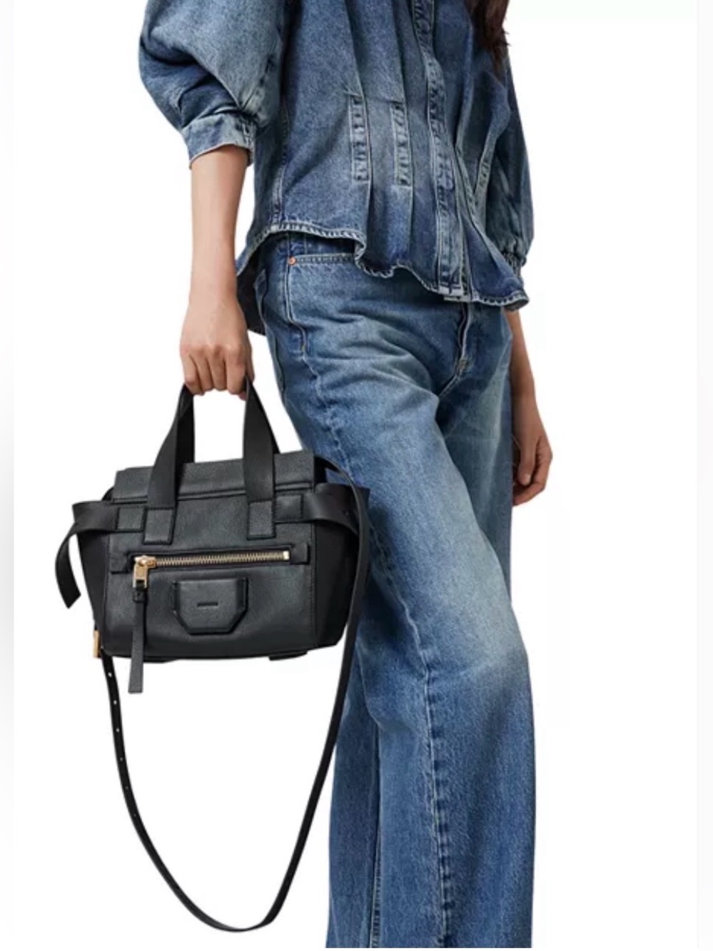 ALL SAINTS Perez Mini Bag Black Leather Top-Handle Crossbody Bag -
